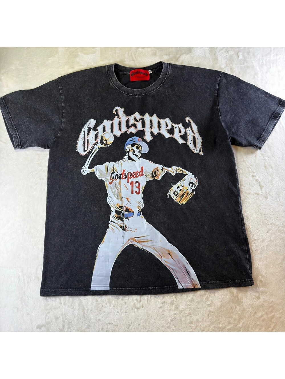 Godspeed Mens XL Black Acid Wash Baseball Skeleton T-Shirt Out Of Many One